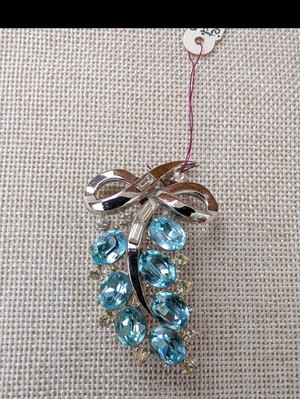 Trifari Silver Bow Brooch with Bright Blue Crystal Drops